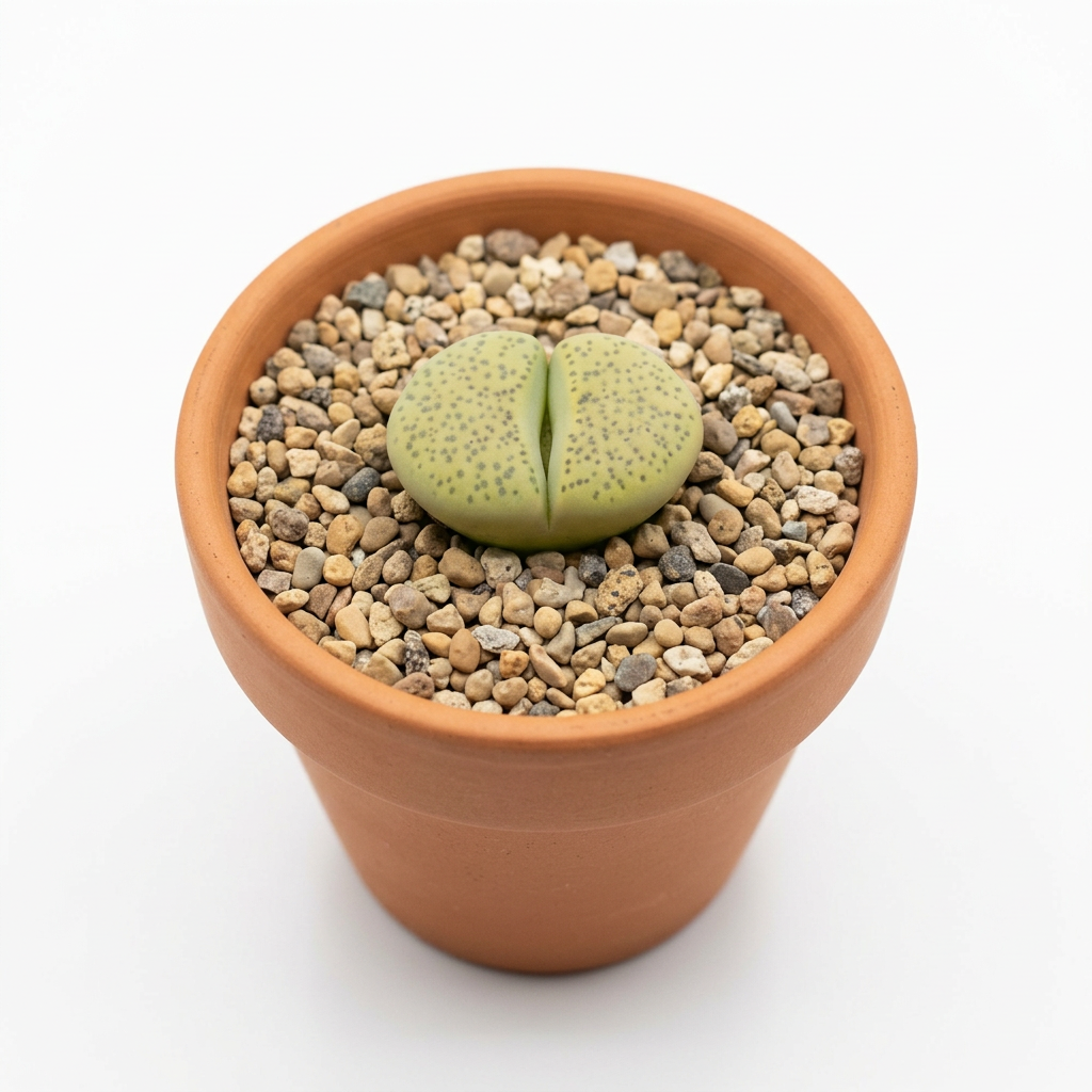 Alternate studio view of one Lithops Aurea head in a tapered terracotta pot with mineral gravel; decorative pot sold separately.