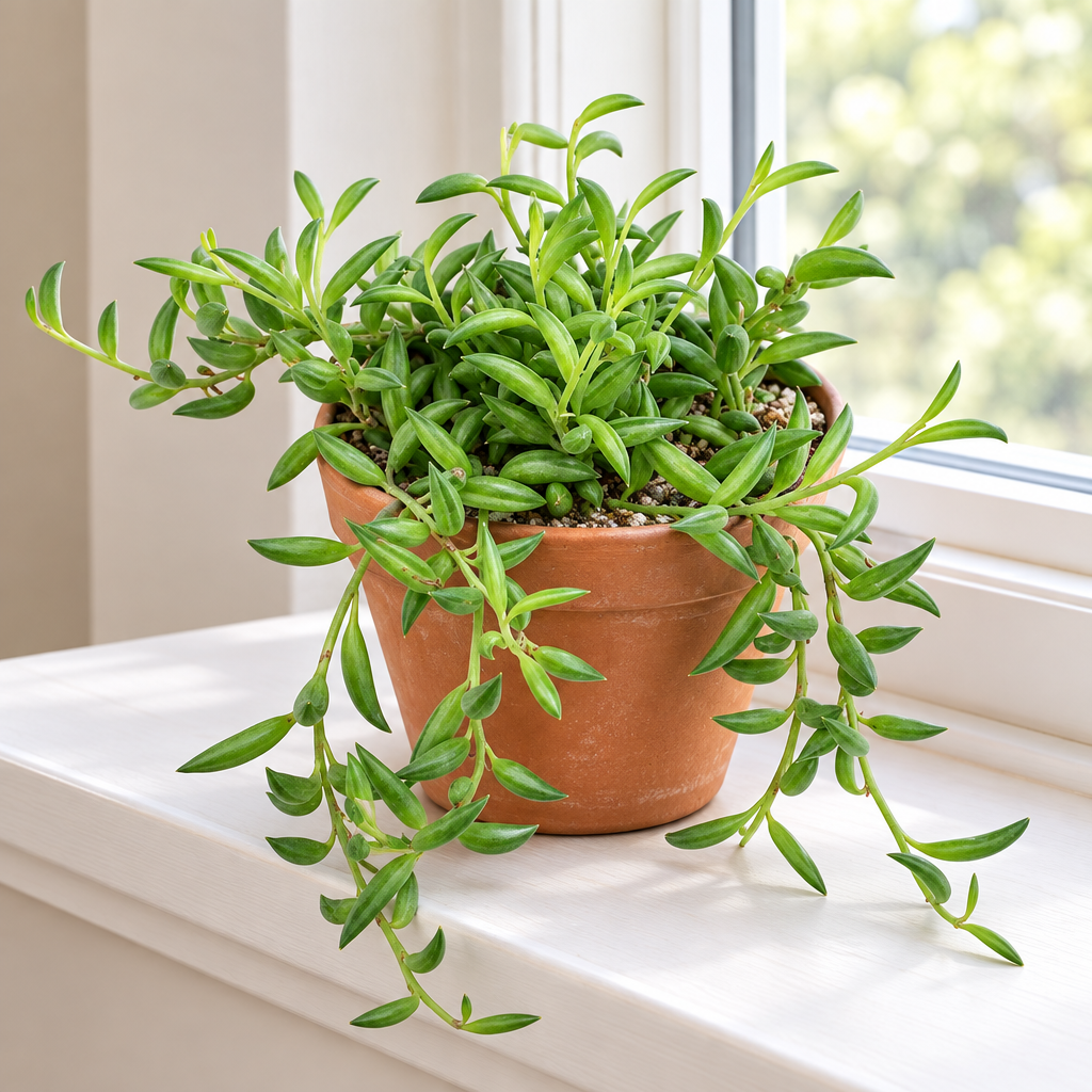String of Bananas in a terracotta pot resting on an indoor windowsill