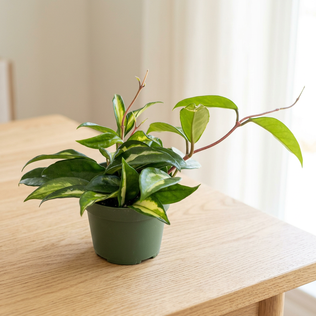Hoya Krimson Princess in a 4-inch nursery pot on a light tabletop in a bright indoor setting; styling accessories not included