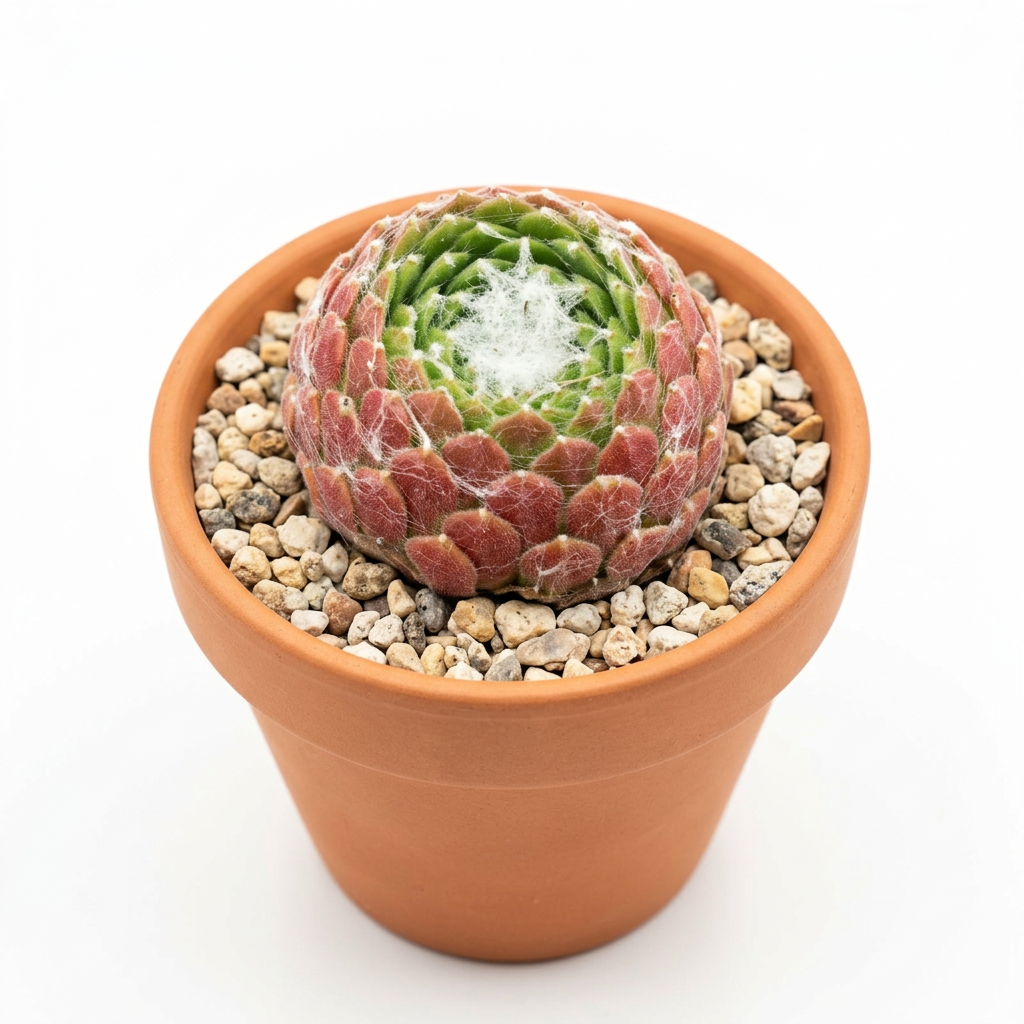 Sempervivum Cebenese styled in a terracotta pot against a white studio background; decorative pot sold separately