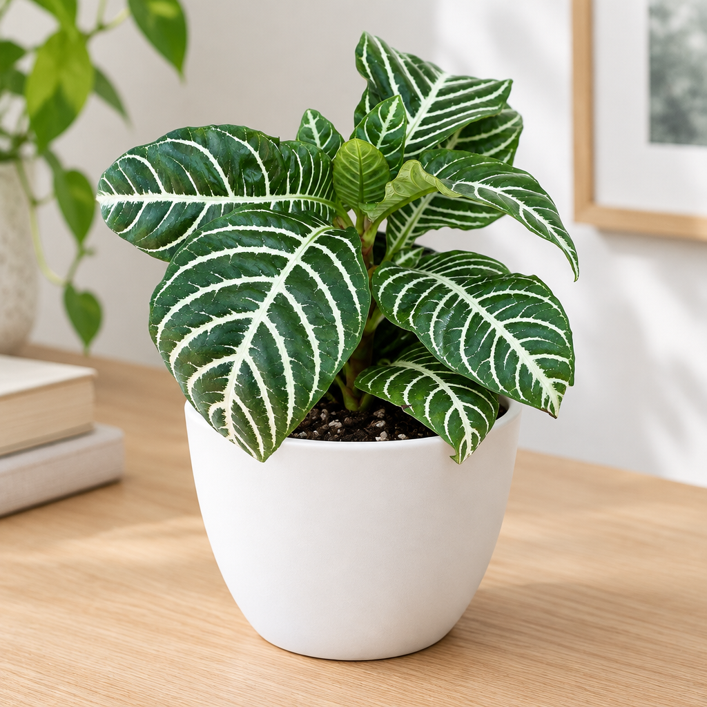 Aphelandra zebra plant styled in white Basel 4.7-inch planter indoors; planter sold separately