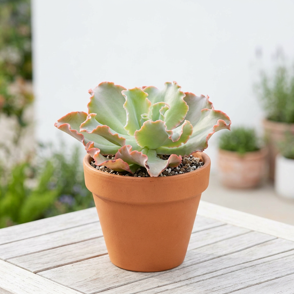 Echeveria Giant Ruffles styled on a bright outdoor patio in a terracotta pot; decorative pot sold separately