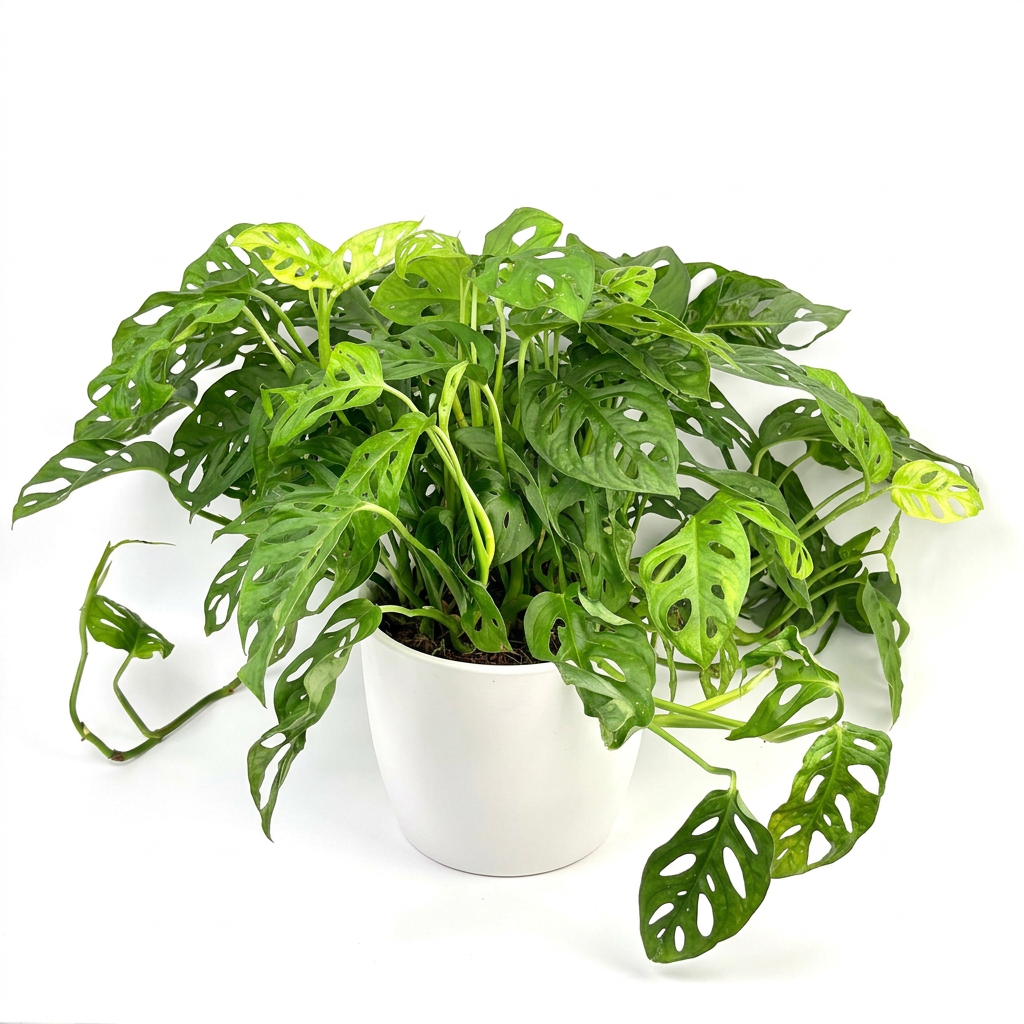 Jumbo Monstera adansonii styled in a white ceramic cover pot on a pure white background; decorative pot sold separately.