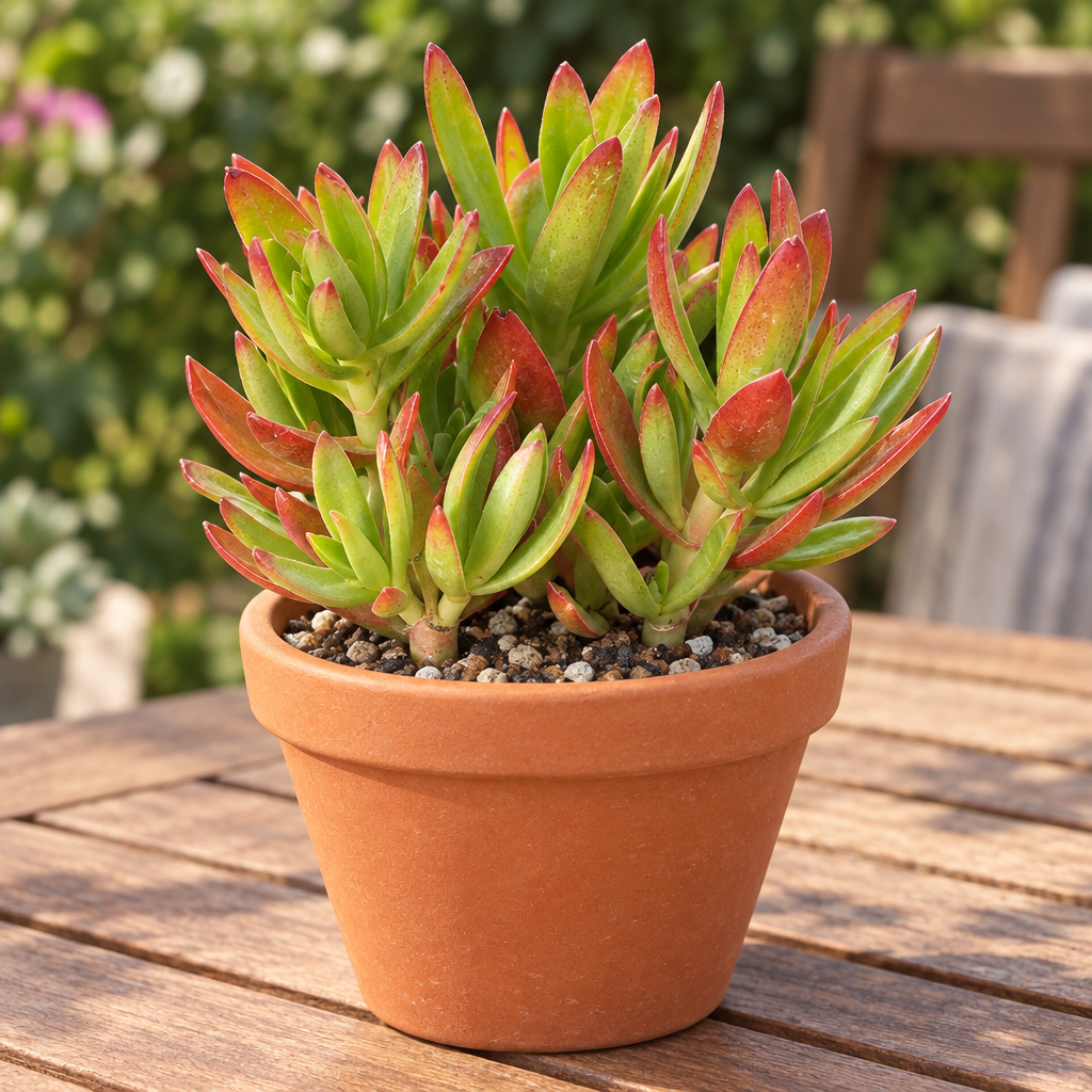 Campfire Crassula in terracotta pot on outdoor patio table; pot not included