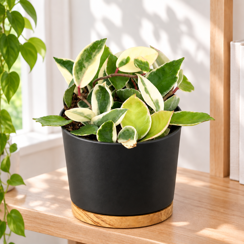 Compact Hoya Krimson Queen styled in black Oslo 6-inch planter, sold separately