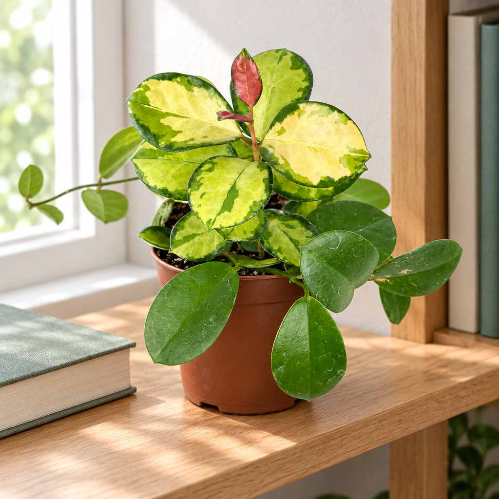 Hoya australis Lisa in brown nursery pot on an indoor shelf by a window