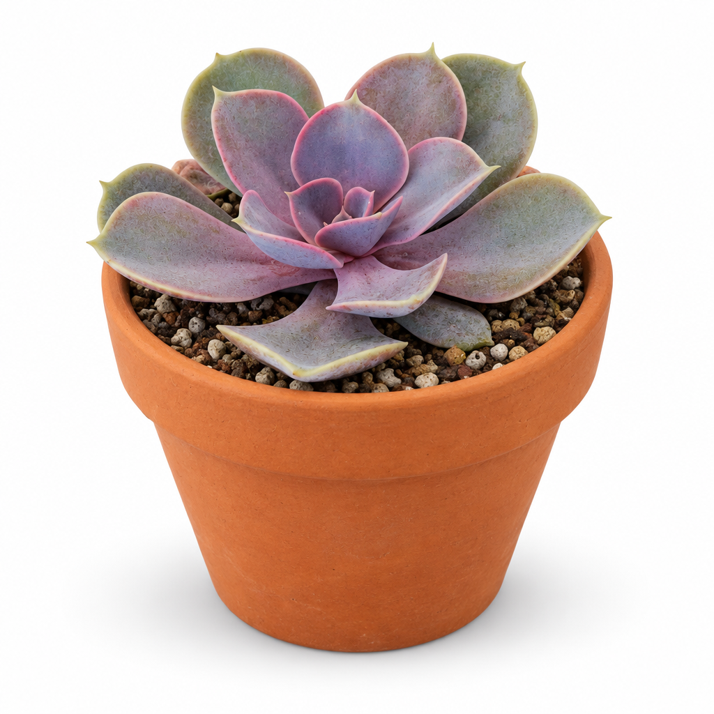 Echeveria Perle von Nürnberg styled in a warm terracotta pot, decorative pot not included