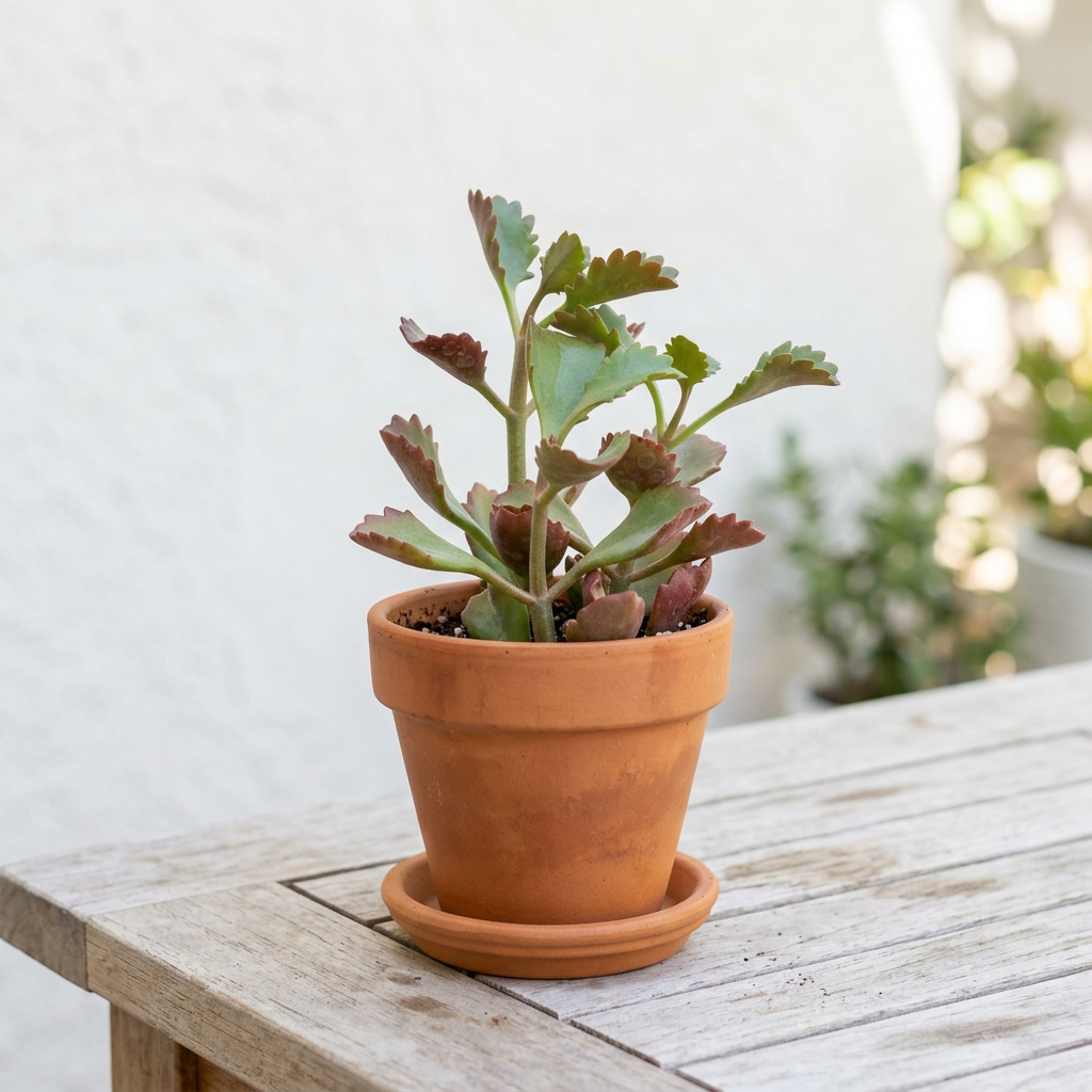Kalanchoe Longiflora Coccinea styled on a patio in terracotta; decorative pot sold separately