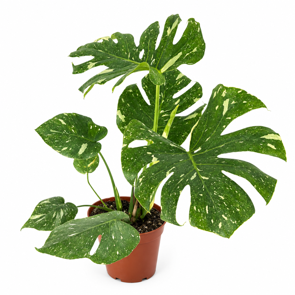 Thai Constellation Monstera with cream-speckled green leaves in 6-inch nursery pot on white