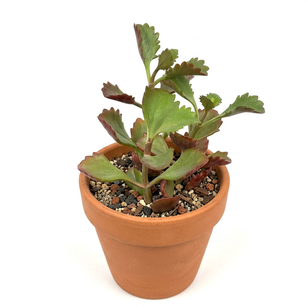 Kalanchoe Longiflora Coccinea styled in terracotta against white; decorative pot sold separately