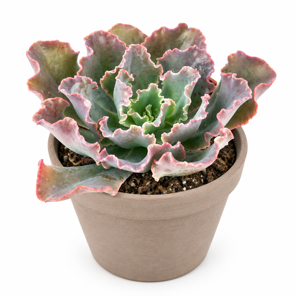 Echeveria Blue Curls in a taupe terracotta pot on a white background