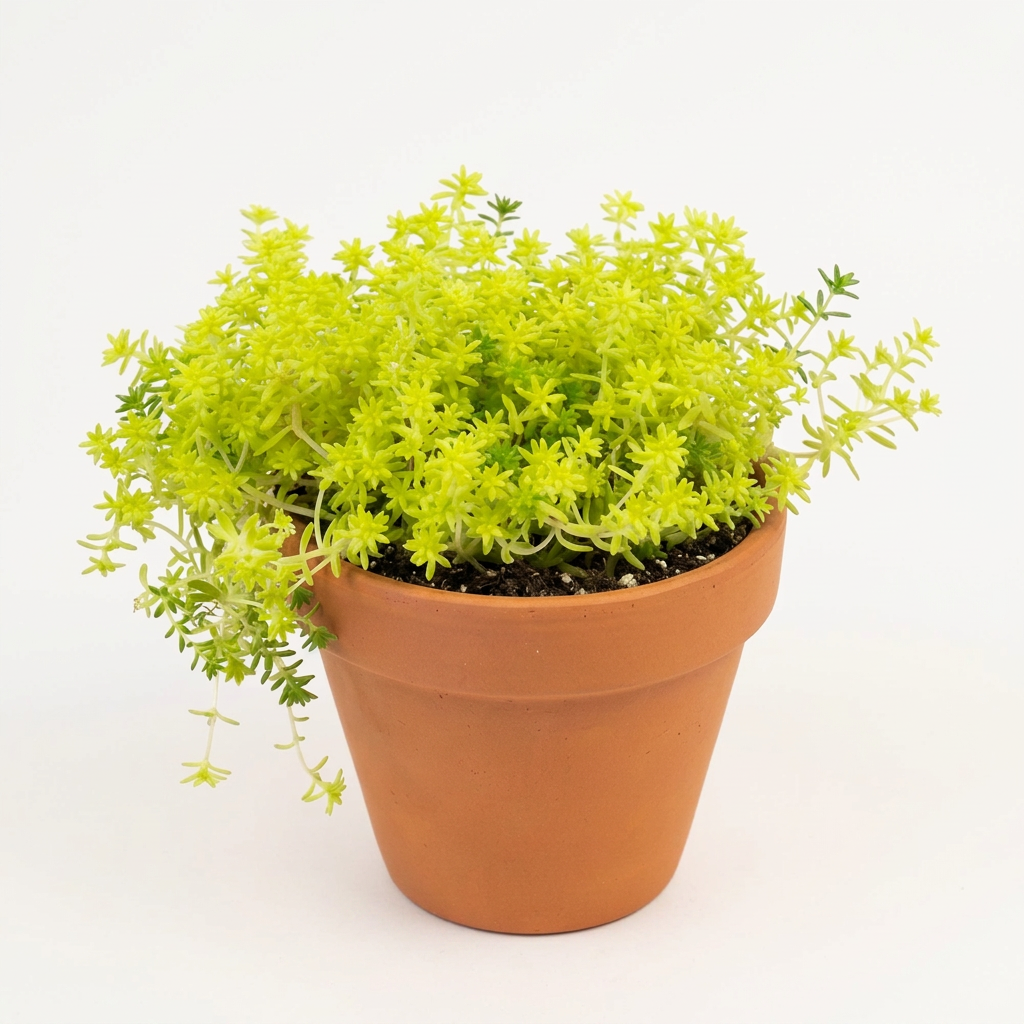 Sedum De Oro styled in a terracotta pot against a white studio background; decorative pot sold separately