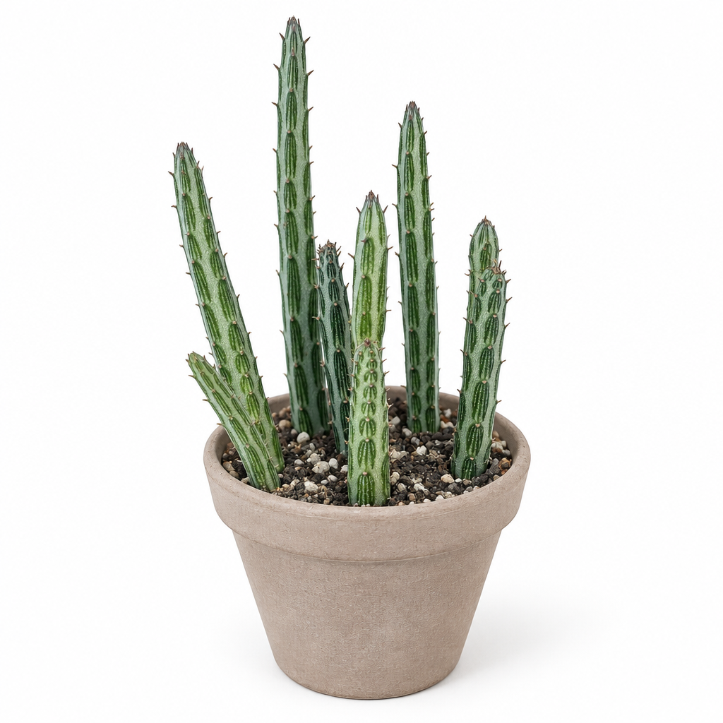 Pickle Plant with striped stems in a taupe terracotta pot on white