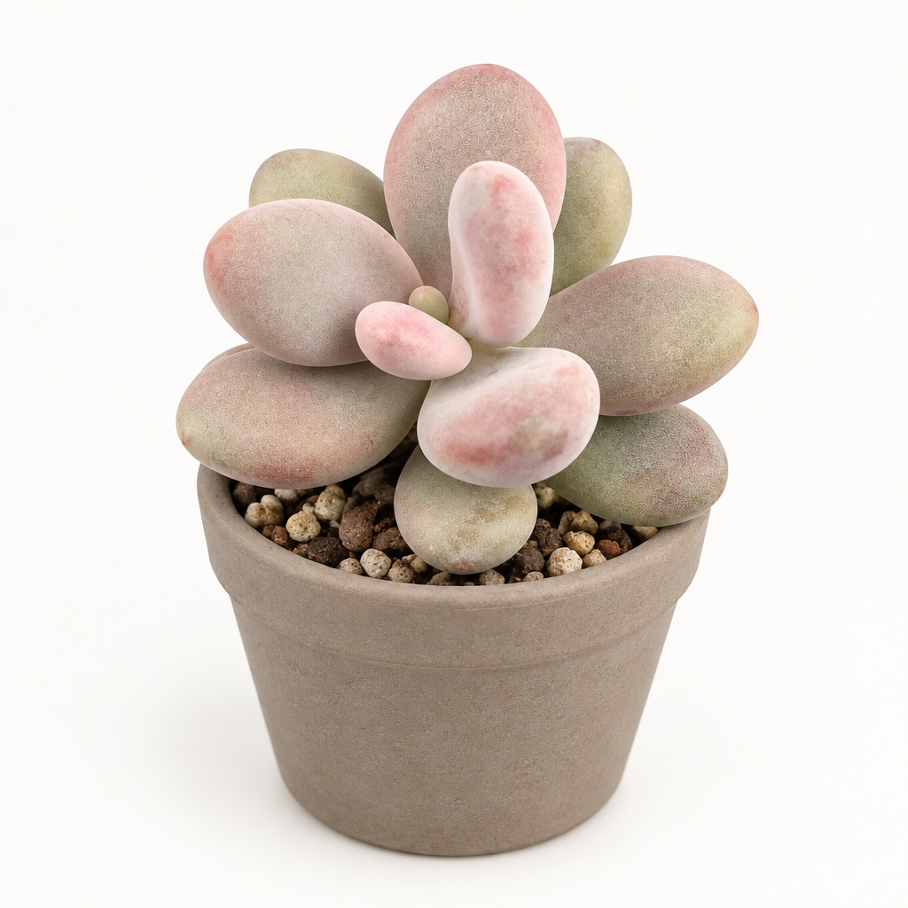 Pink Moonstone succulent styled in a taupe terracotta pot, decorative pot not included