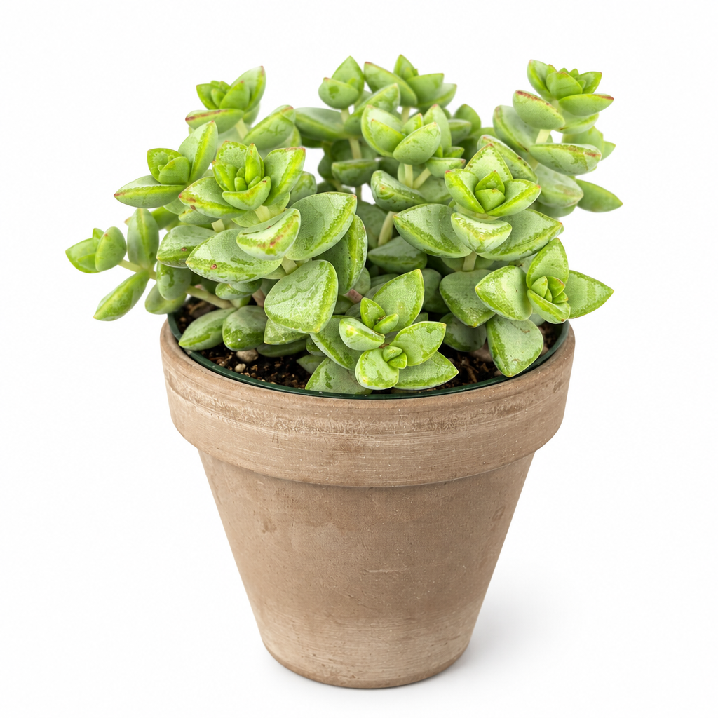 Rosary Succulent (Crassula rupestris) with lime-green and pale clustered foliage in a muted taupe terracotta pot on white