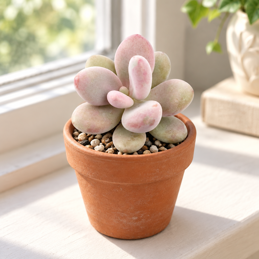 Pink Moonstone succulent in a terracotta pot on an indoor windowsill, decorative pot not included