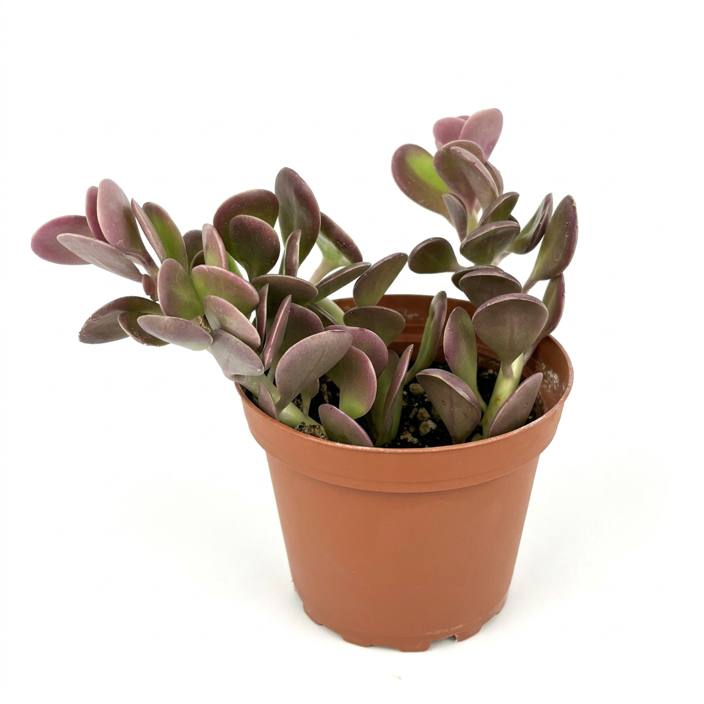 Trailing Jade succulent with purple-blushed green oval leaves in a nursery pot on a bright white background