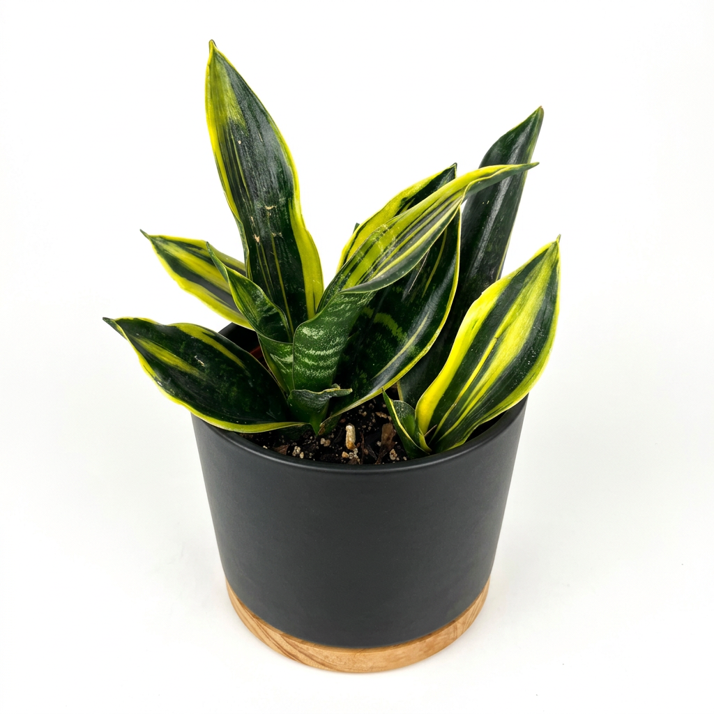 Gold Flame Snake Plant styled in a black OSLO decorative planter with wooden base, sold separately