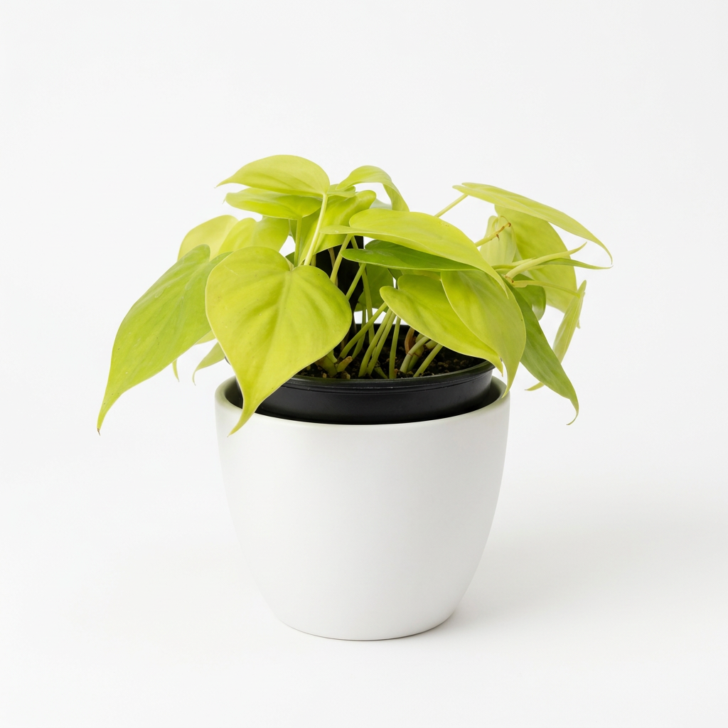 Philodendron Cordatum Neon styled in a white 4.7-inch BASEL decorative planter, sold separately