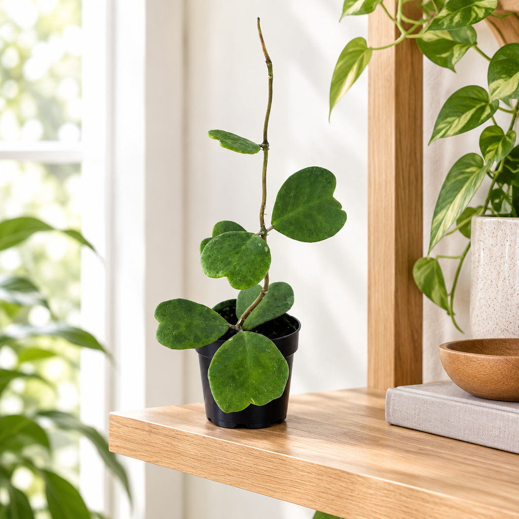 Hoya kerrii vine in 4-inch nursery pot on bright indoor shelf