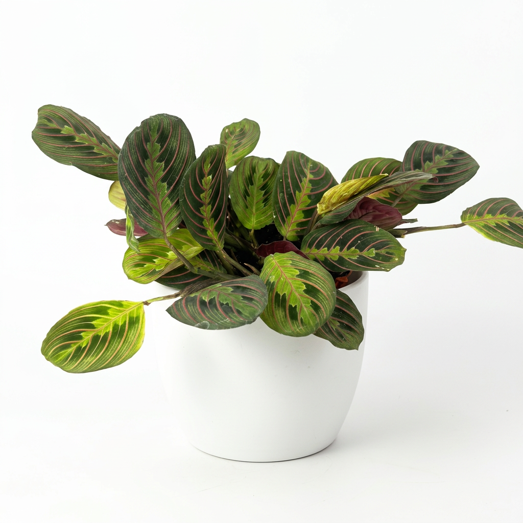Red Prayer Plant styled in a white BASEL planter against white; decorative planter sold separately