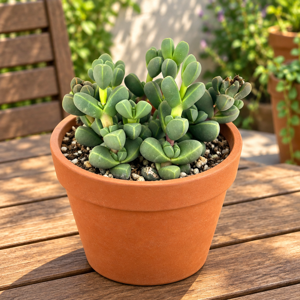 Corpuscularia lehmannii in terracotta pot on sunny patio table; pot not included