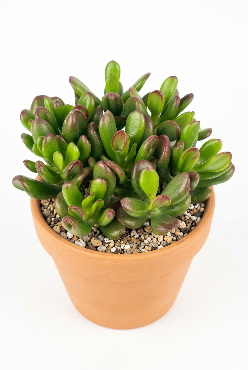 Alternate studio view of Hobbit Jade in terracotta with gritty soil visible on white; decorative pot sold separately.