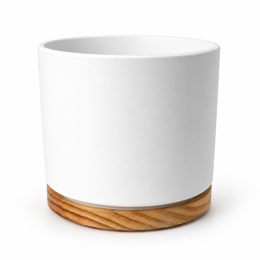 Empty white Oslo 6-inch planter with wood-grain base on a white studio background; plant not included