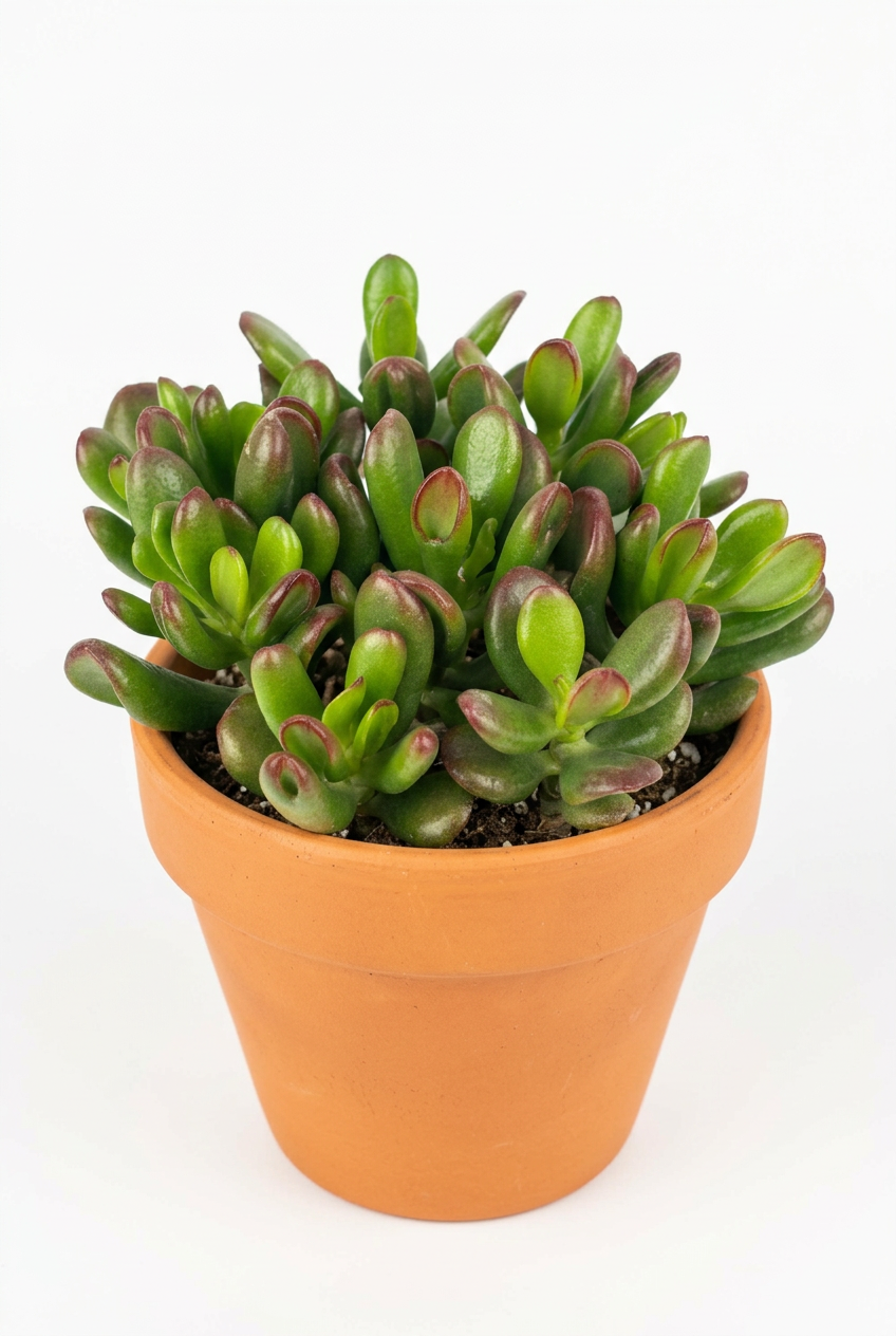 Hobbit Jade styled directly in a classic terracotta pot on white; decorative pot sold separately.