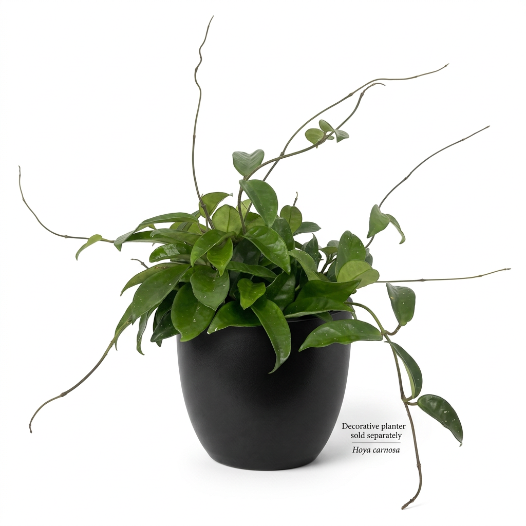 Hoya carnosa styled in a black six-inch BASEL planter; plant and decorative planter sold separately.