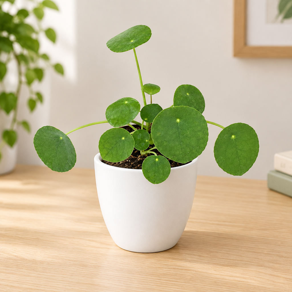 Chinese Money Plant styled in white Basel 4.7-inch planter; decorative planter sold separately