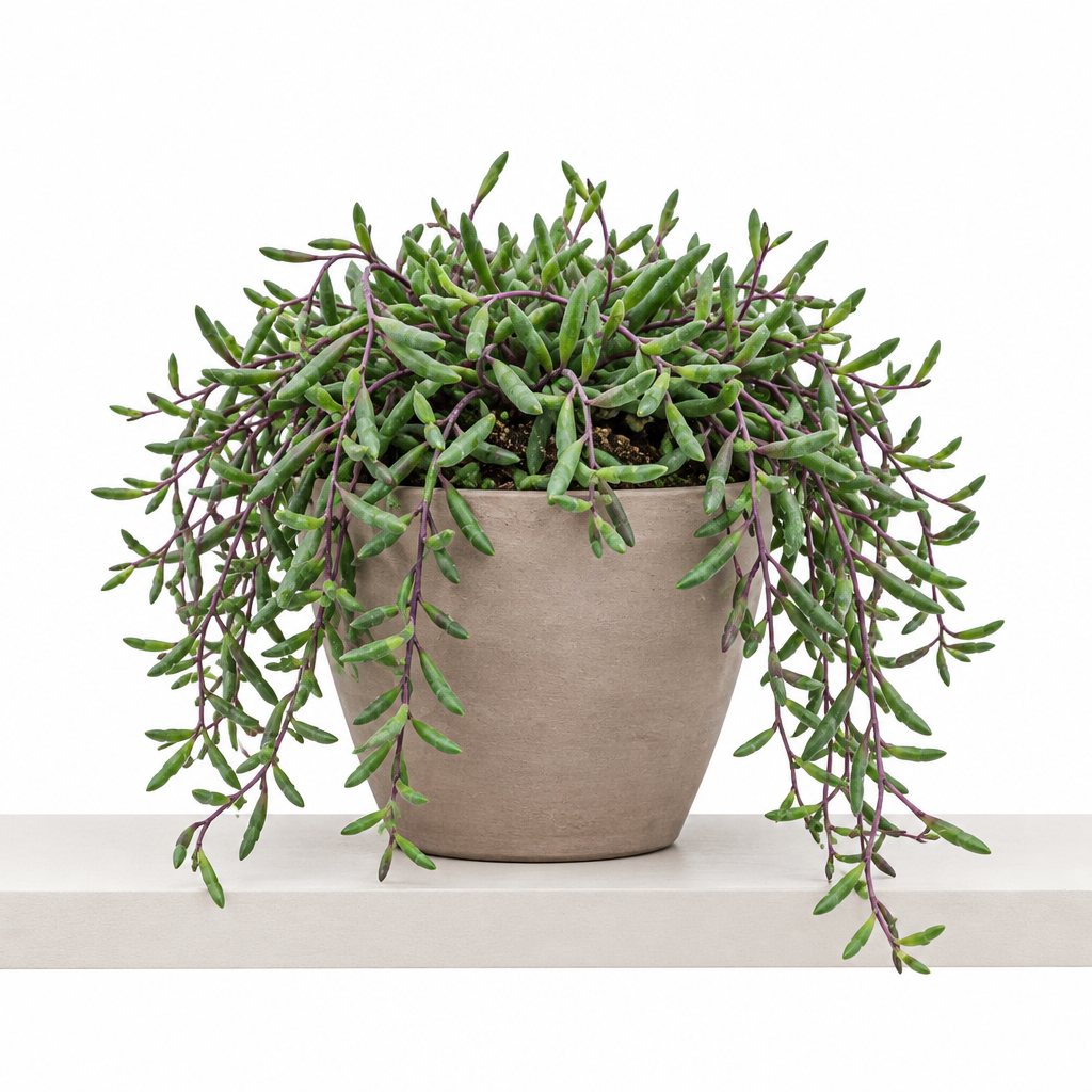 String of Pickles trailing from taupe terracotta pot on shelf; decorative pot not included
