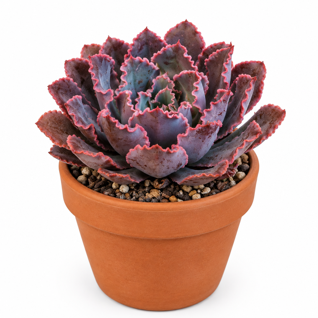 Echeveria Neon Breakers directly planted in warm terracotta on white