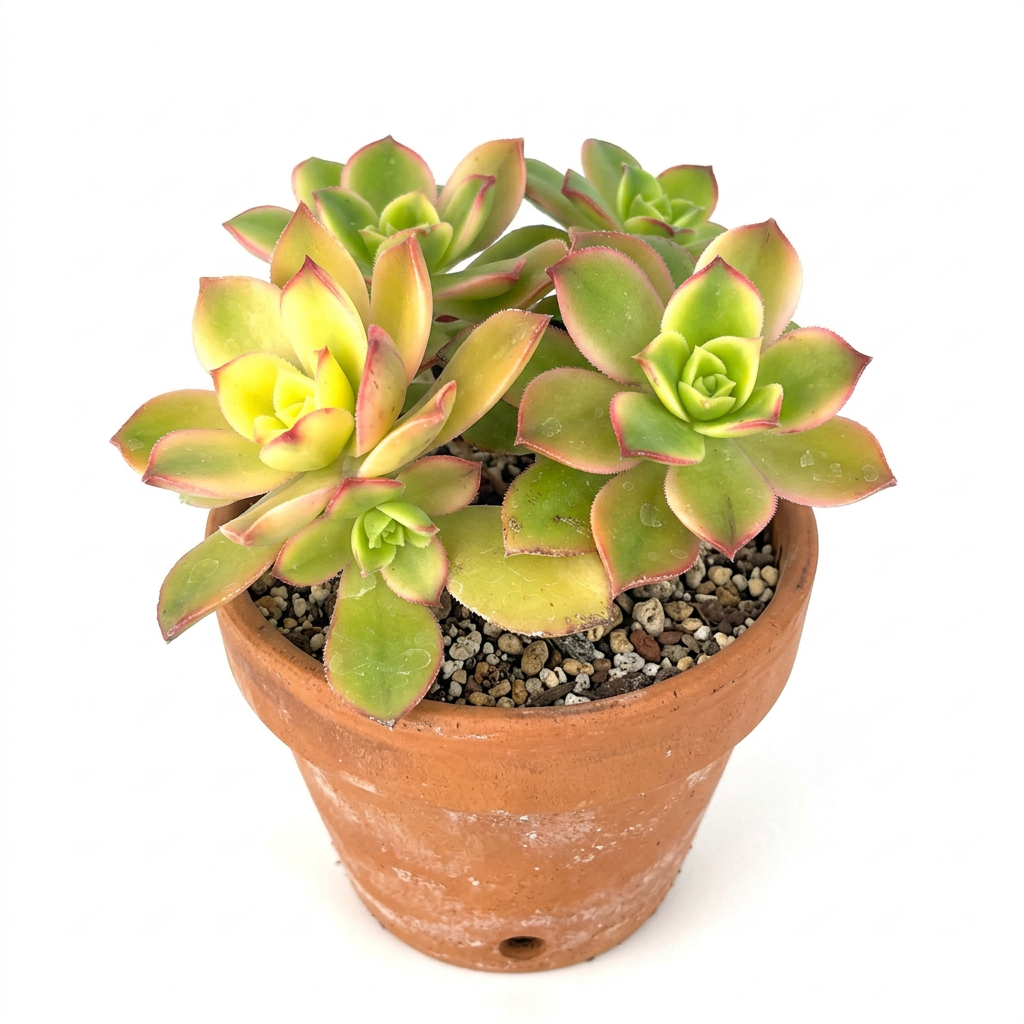 Aeonium Kiwi styled in a terracotta pot against a white studio background; decorative pot sold separately