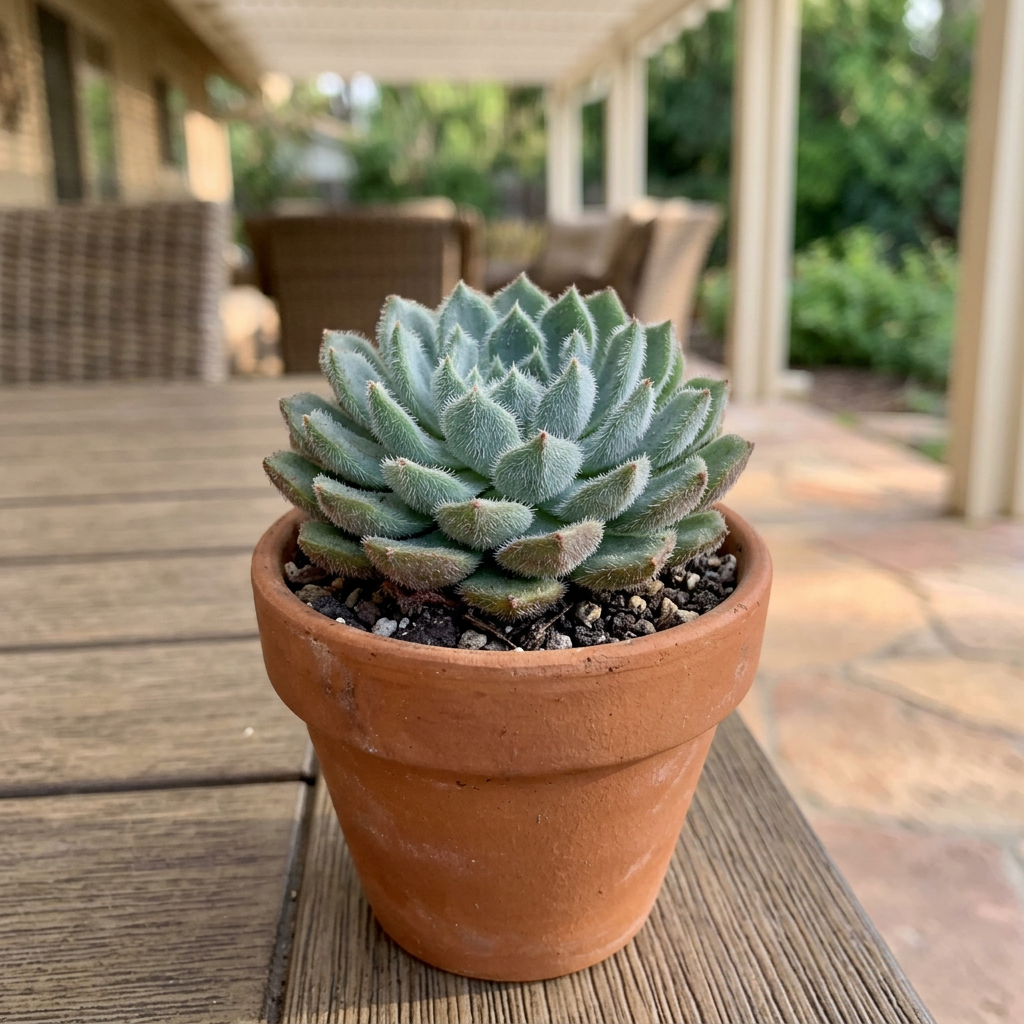 Blue Woolly Rose Echeveria FO-42 styled in a small terracotta pot on a sheltered patio table; decorative pot sold separately