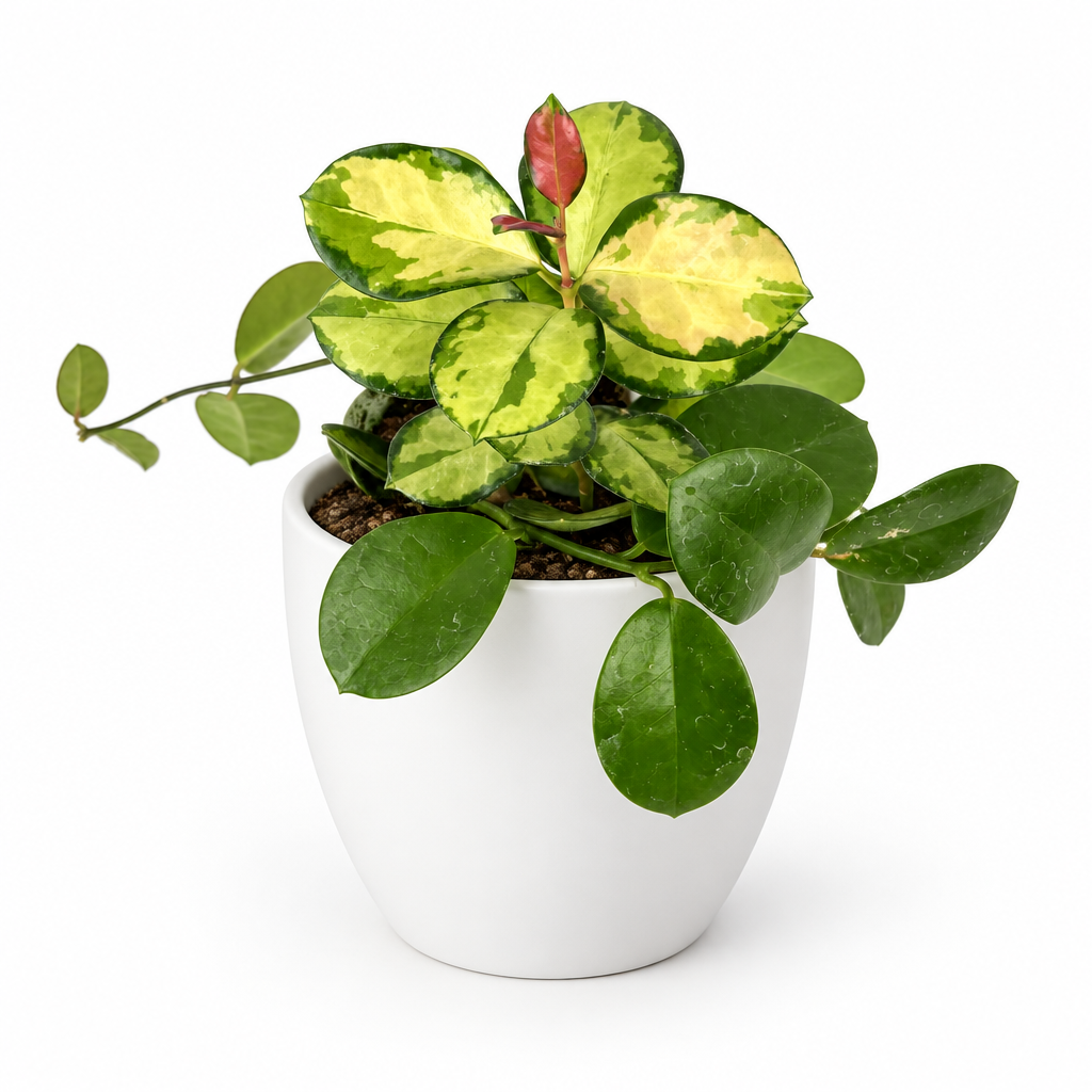 Hoya australis Lisa with green and cream leaves in a separately sold white Basel planter on a white background