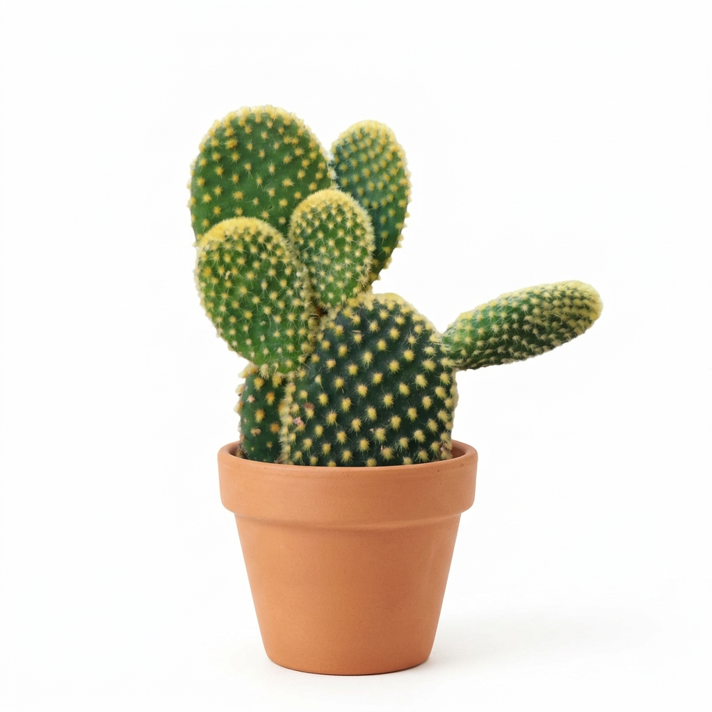 Bunny Ears cactus styled in a taller terracotta pot on a pure white background; decorative pot sold separately.