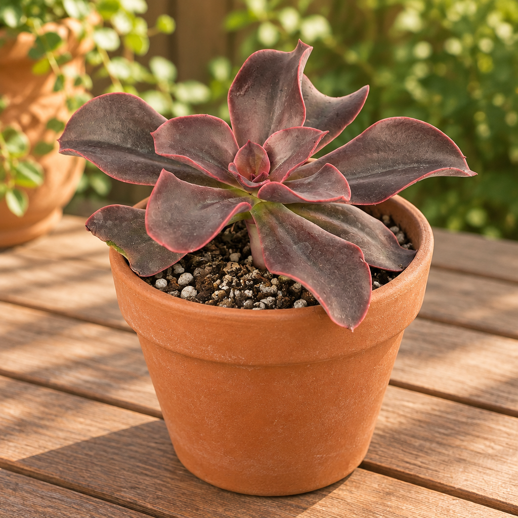 Red Barron Echeveria in terracotta pot on patio table; decorative pot not included