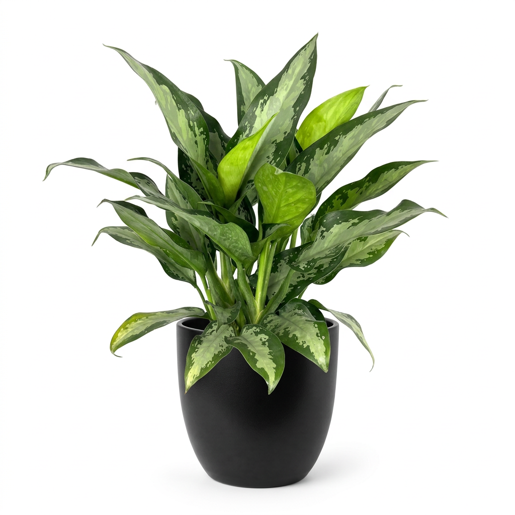 Chinese Evergreen Jubilee styled in a black BASEL planter on a white background; decorative planter sold separately