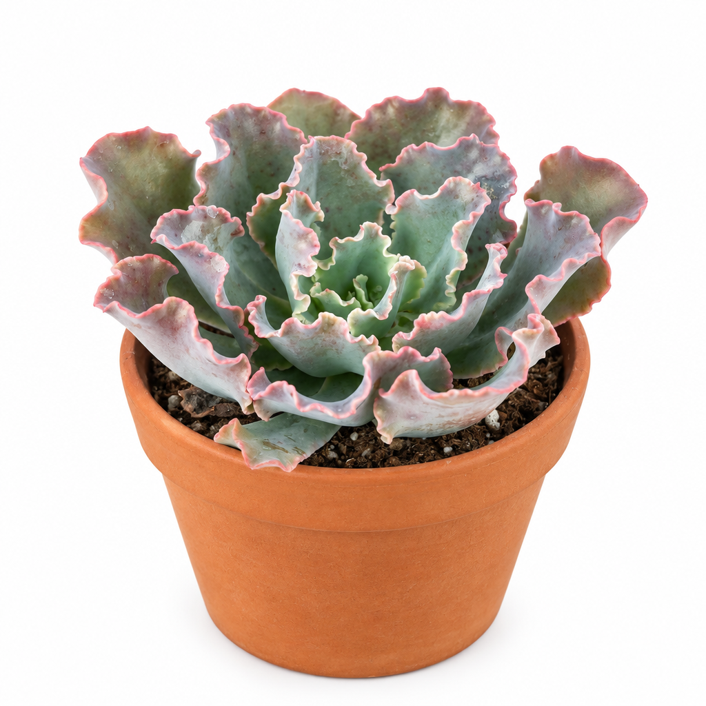 Echeveria Blue Curls directly planted in a warm terracotta pot on white