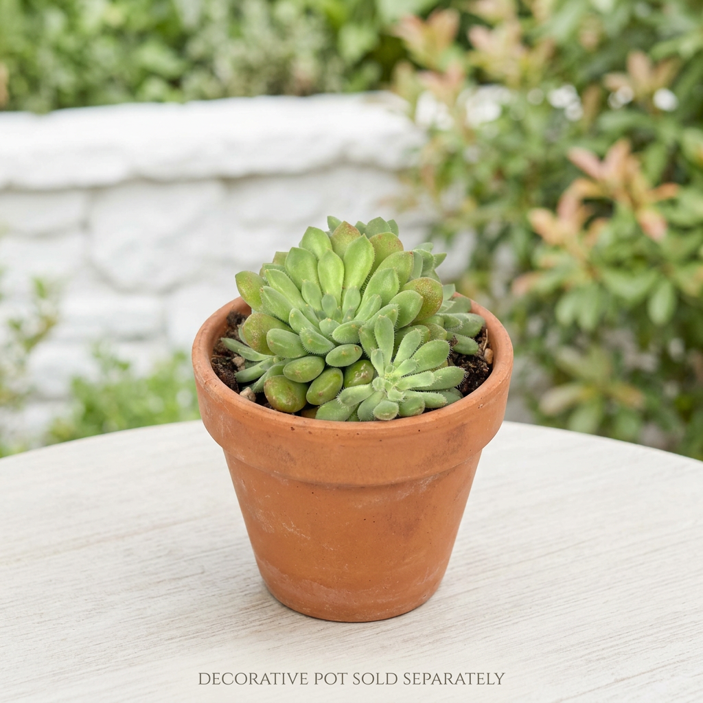Orostachys Chanetii styled on a bright outdoor patio in a terracotta pot; decorative pot sold separately