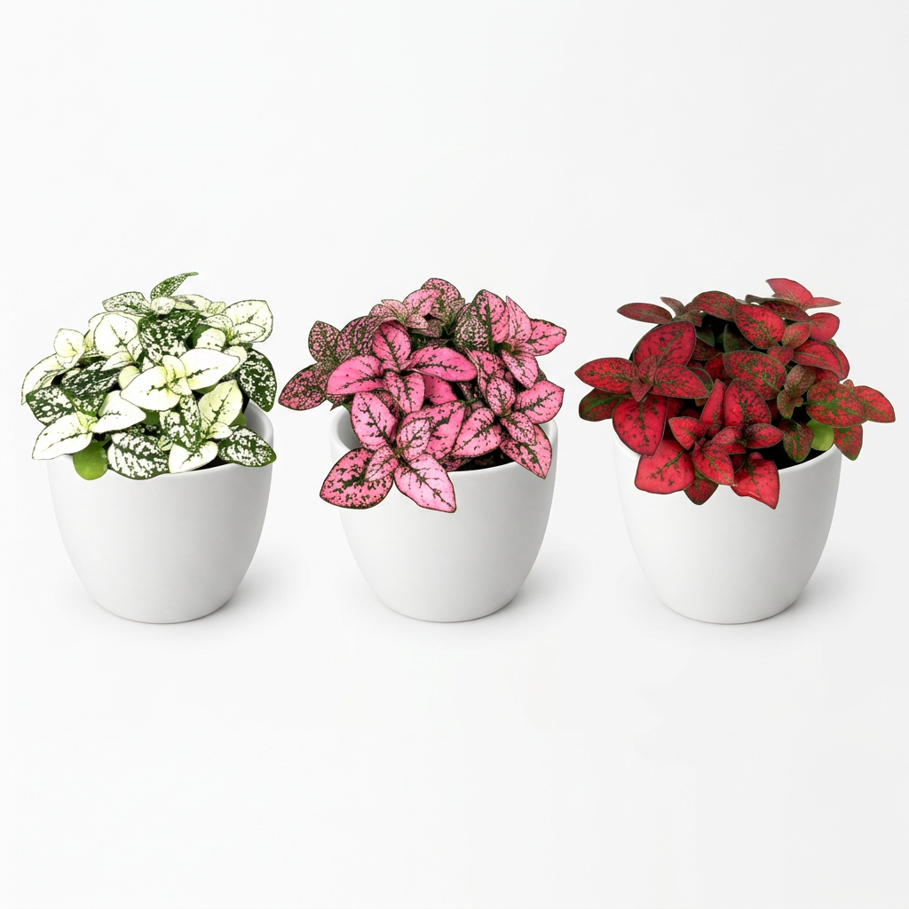 White, pink and red Hypoestes Splash trio in three separate white BASEL 4.7-inch planters on white; planters sold separately, each plant ships in a 3.5-inch nursery grow pot