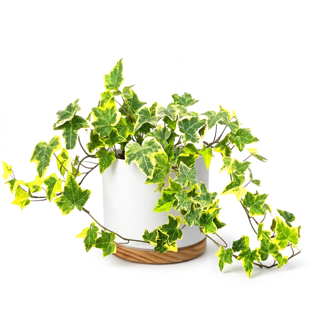 Gold Child English Ivy styled in a white six-inch OSLO planter with wood-grain base; plant and decorative planter sold separately.