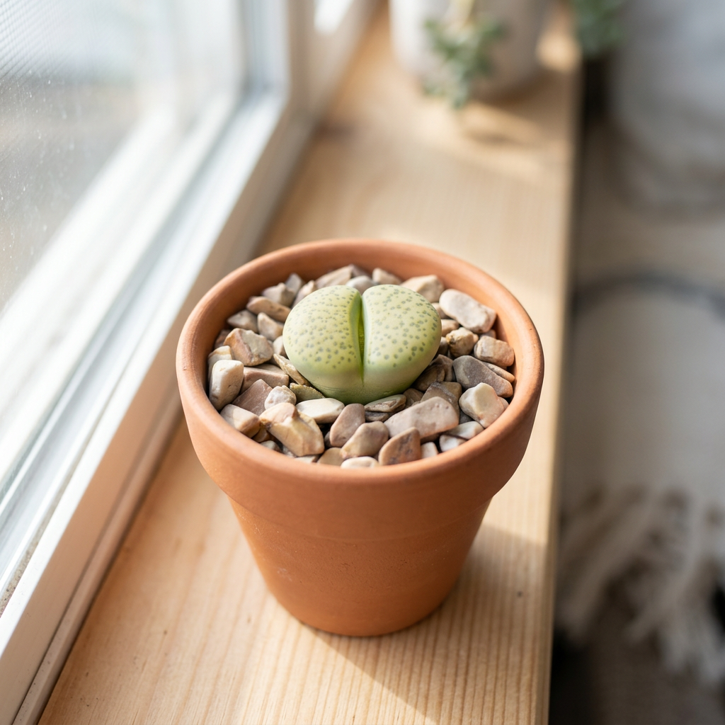 One speckled Lithops Aurea head in terracotta on a bright indoor windowsill; decorative pot sold separately.