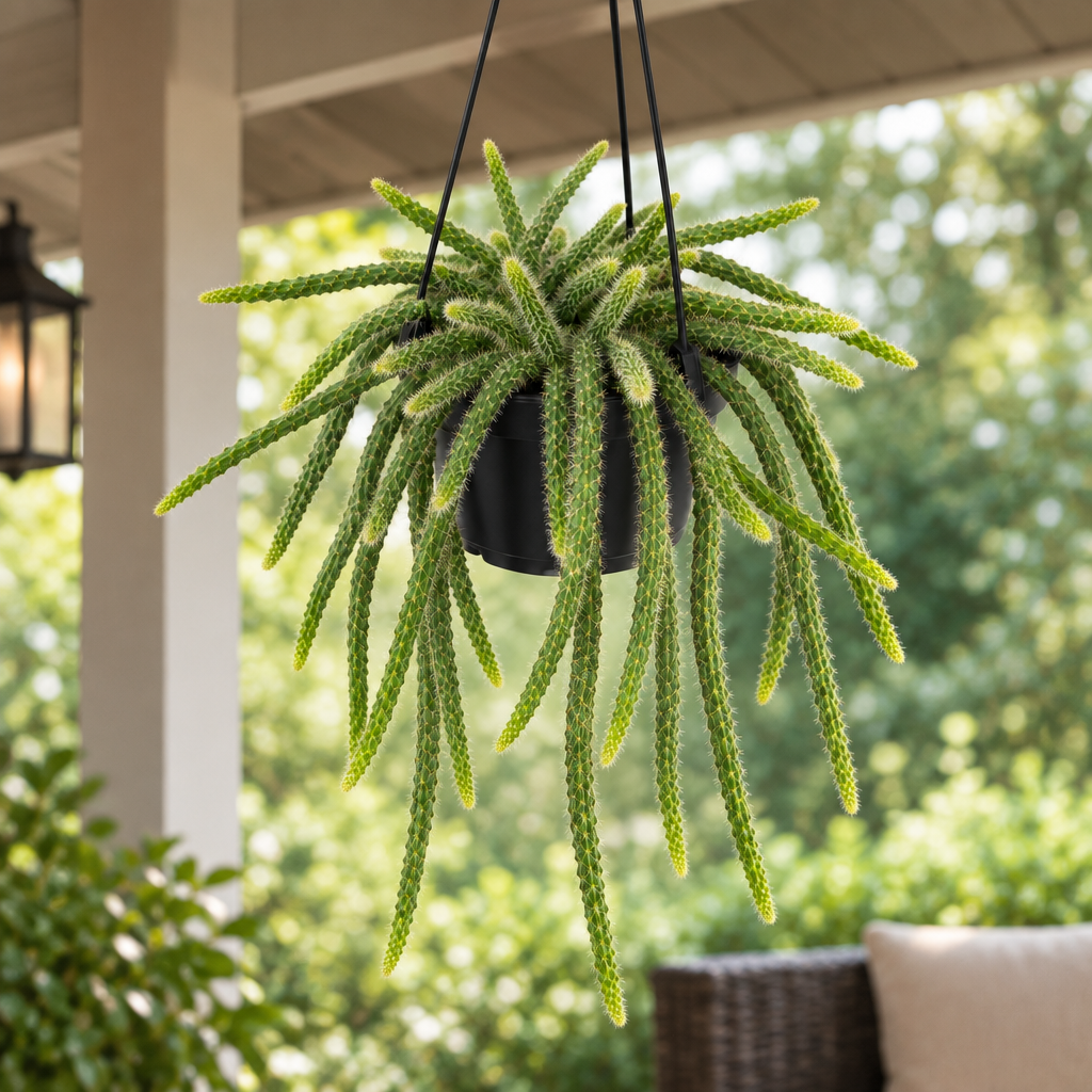 Rat Tail Cactus with trailing stems in its black hanging pot on a shaded covered patio
