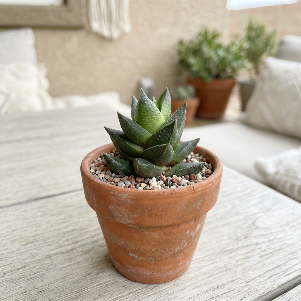 Haworthia resendeana on a sheltered patio in a terracotta pot; pot sold separately