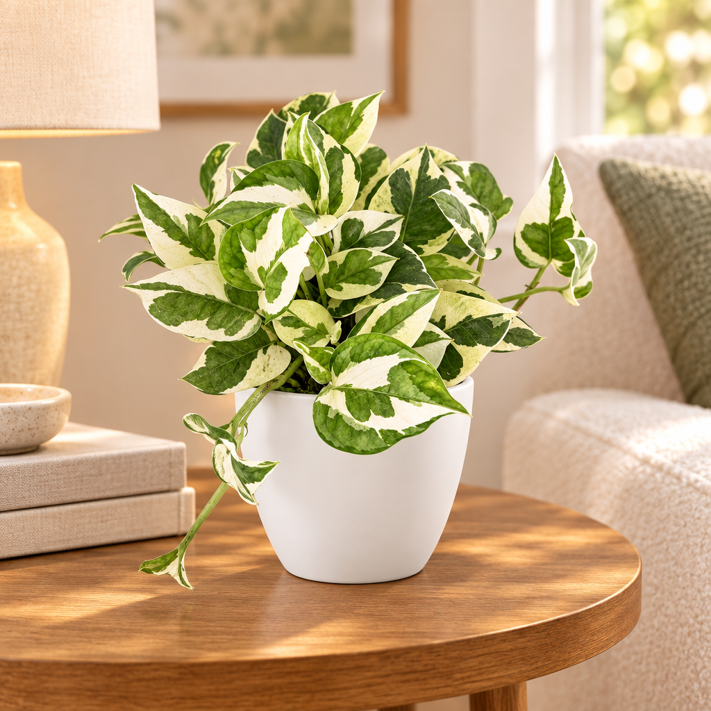 Pothos N’Joy styled in separately sold white Basel planter