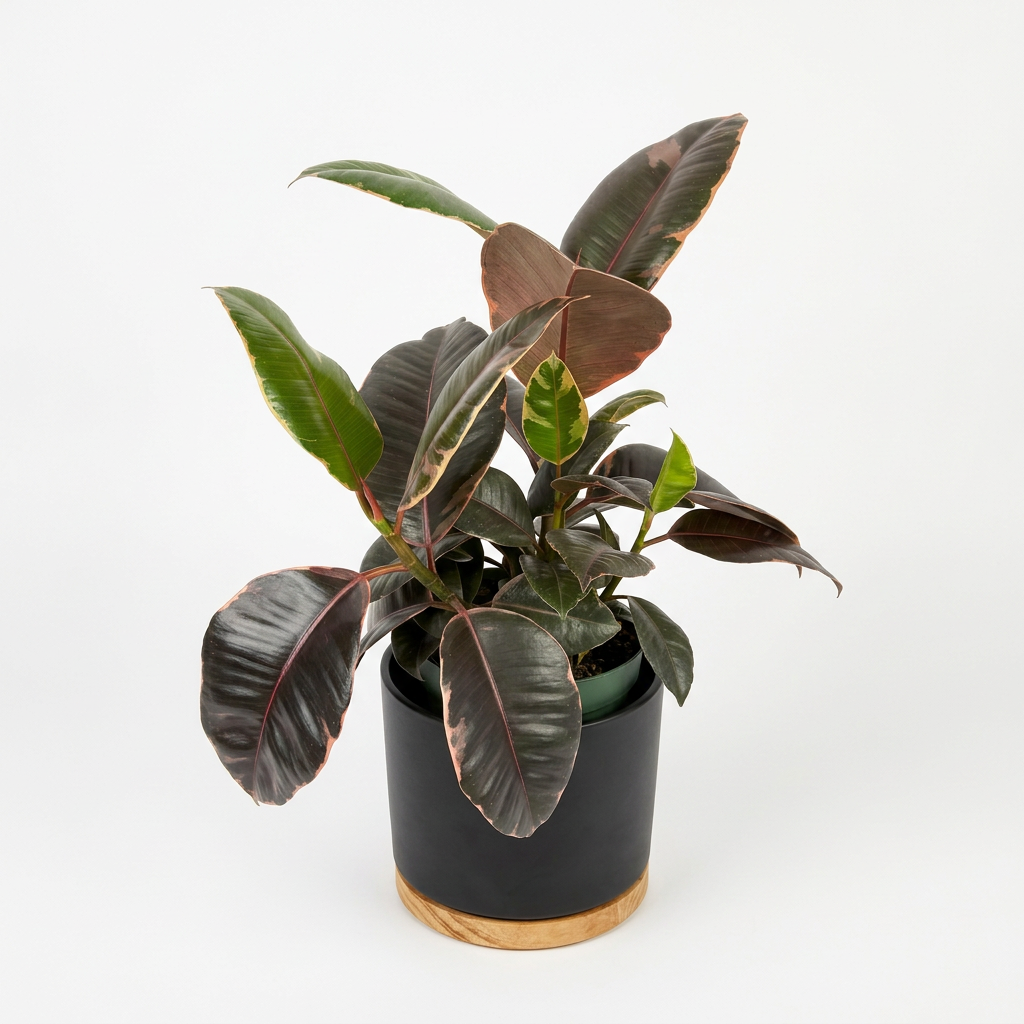 Ficus Decora Ruby styled in a black OSLO decorative planter with wooden base, sold separately