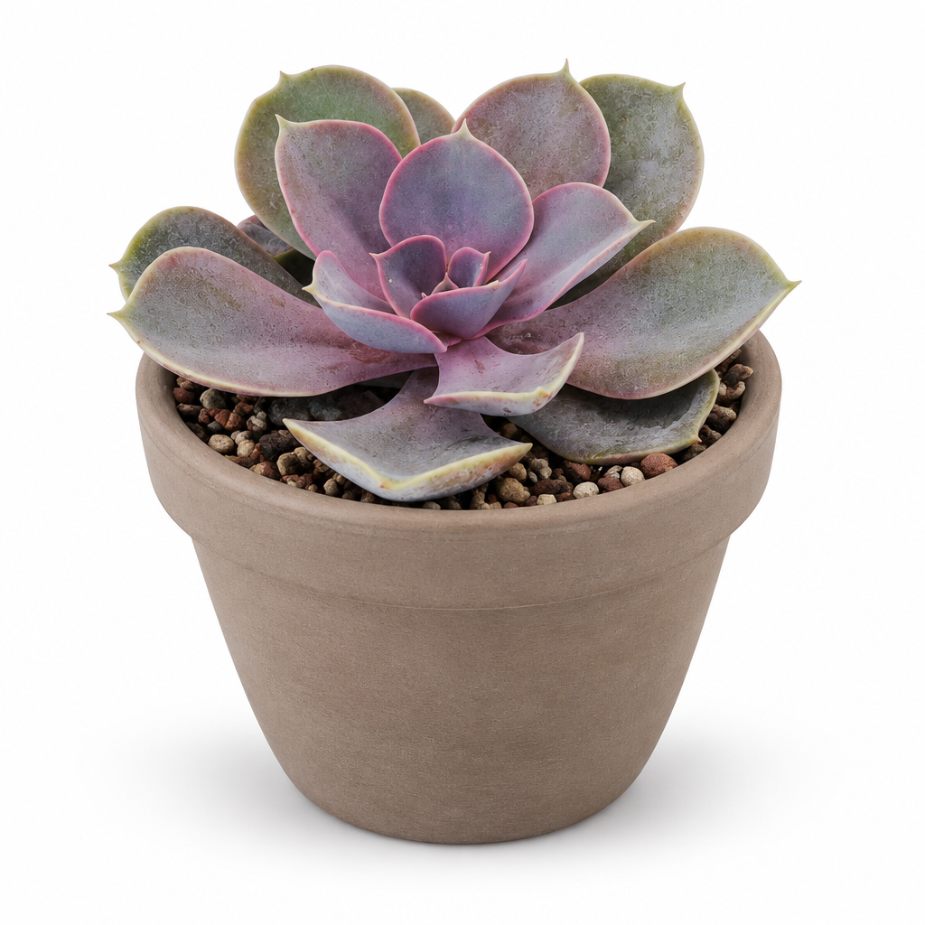 Echeveria Perle von Nürnberg styled in a taupe terracotta pot, decorative pot not included