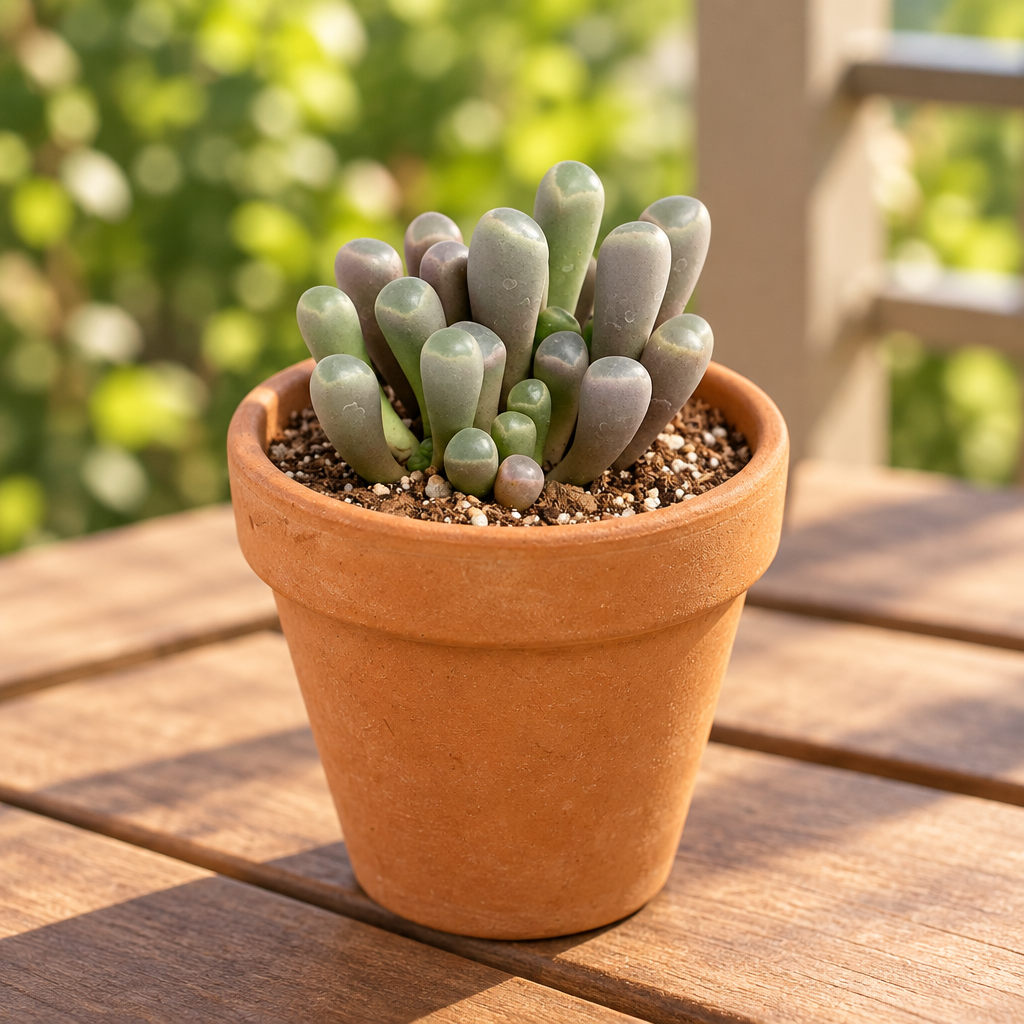 Baby Toes succulent with translucent-tipped leaves in a terracotta pot on a sunny patio